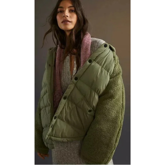 Pilcro Womens Swing Puffer Jacket Size L Green Teddy Coat Boho Gorpcore Outdoor - Picture 2 of 13